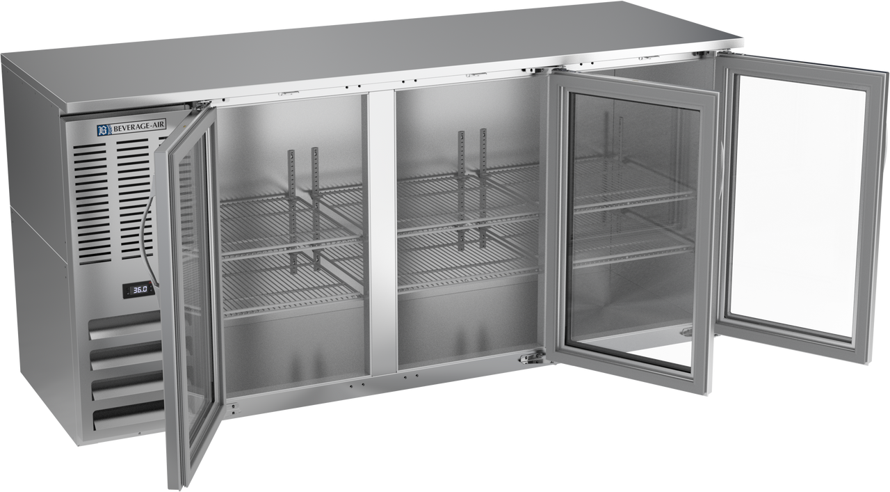 BBN72HC-FG-S | 72" Narrow Depth Glass Doors Food Rated Back Bar in Stainless Steel