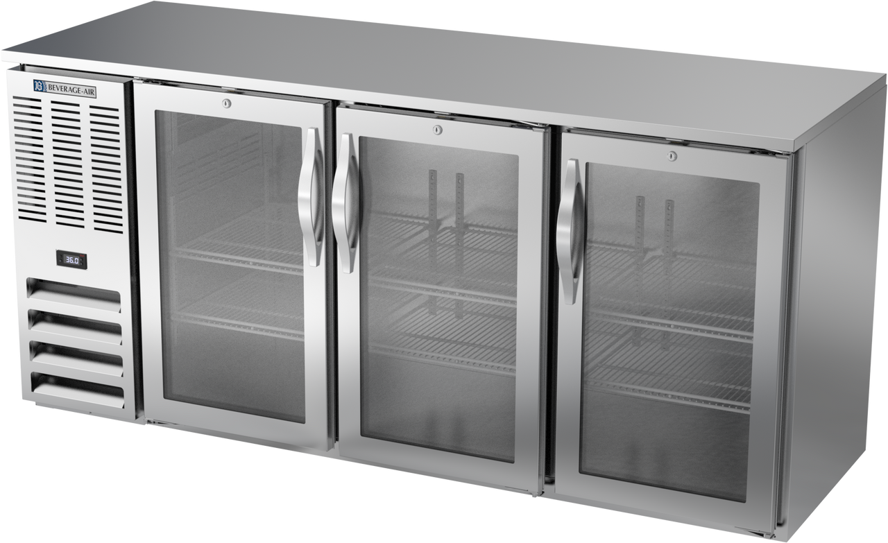BBN72HC-FG-S | 72" Narrow Depth Glass Doors Food Rated Back Bar in Stainless Steel