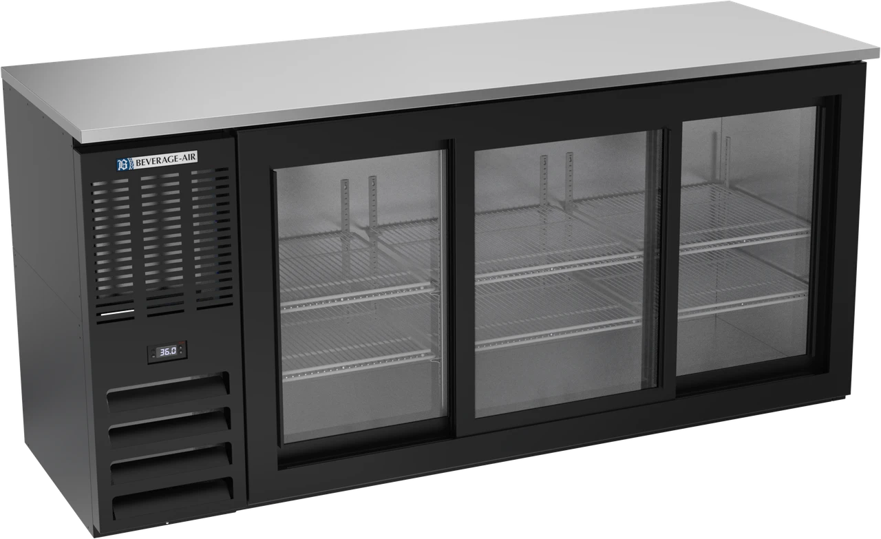 BBN72HC-F-GS-B | 72" Narrow Depth Sliding Glass Doors Food Rated Back Bar in Black