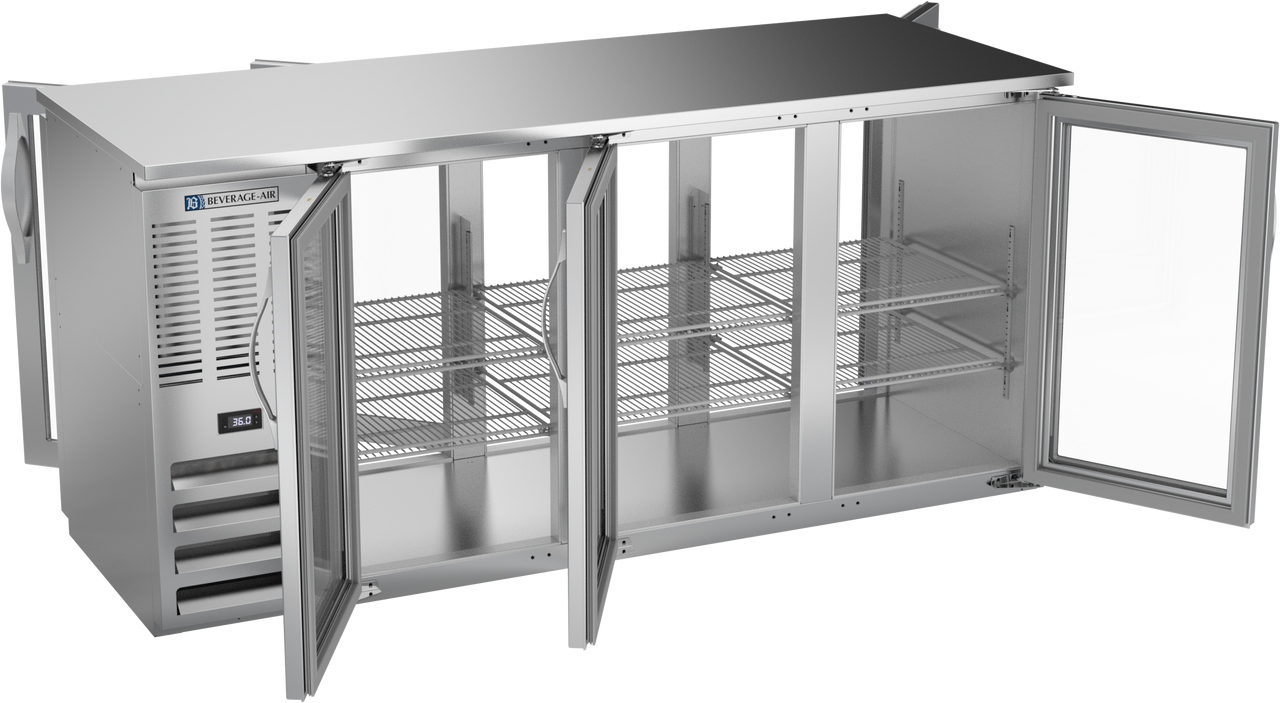 BBN72HC-F-GS-PT-S | 72" Narrow Depth Sliding Glass Doors Food Rated Pass-thru Back Bar in Stainless Steel