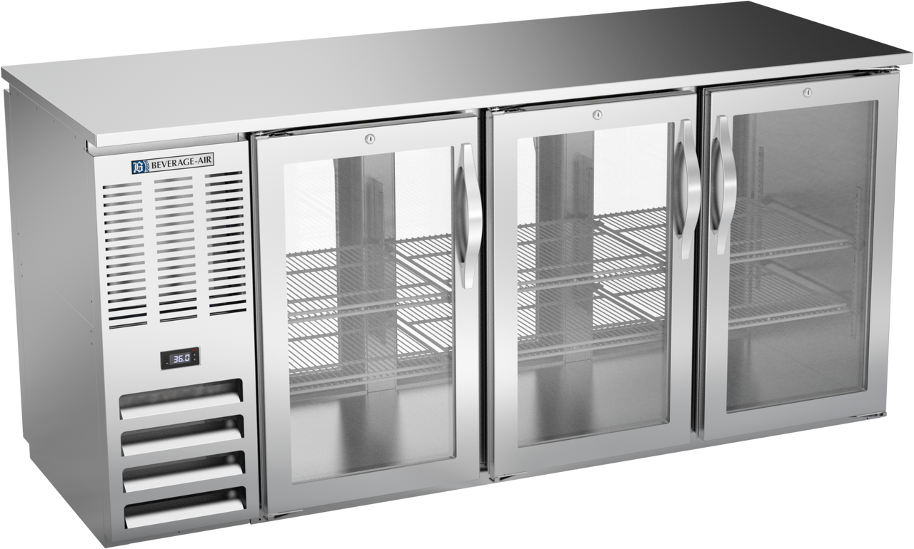 BBN72HC-F-GS-PT-S | 72" Narrow Depth Sliding Glass Doors Food Rated Pass-thru Back Bar in Stainless Steel