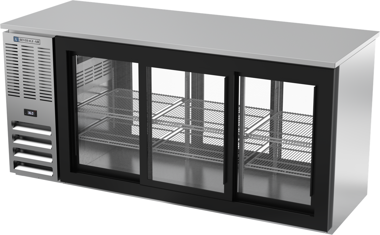 BBN72HC-F-GS-PT-S | 72" Narrow Depth Sliding Glass Doors Food Rated Pass-thru Back Bar in Stainless Steel