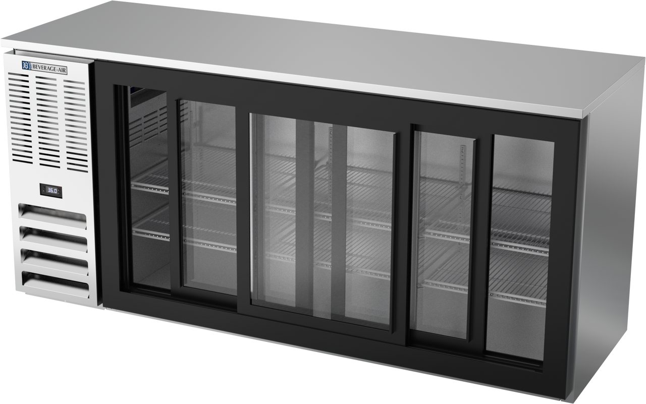 BBN72HC-F-GS-S | 72" Narrow Depth Sliding Glass Doors Food Rated Back Bar in Stainless Steel
