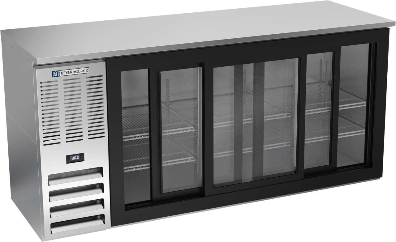 BBN72HC-F-GS-S | 72" Narrow Depth Sliding Glass Doors Food Rated Back Bar in Stainless Steel