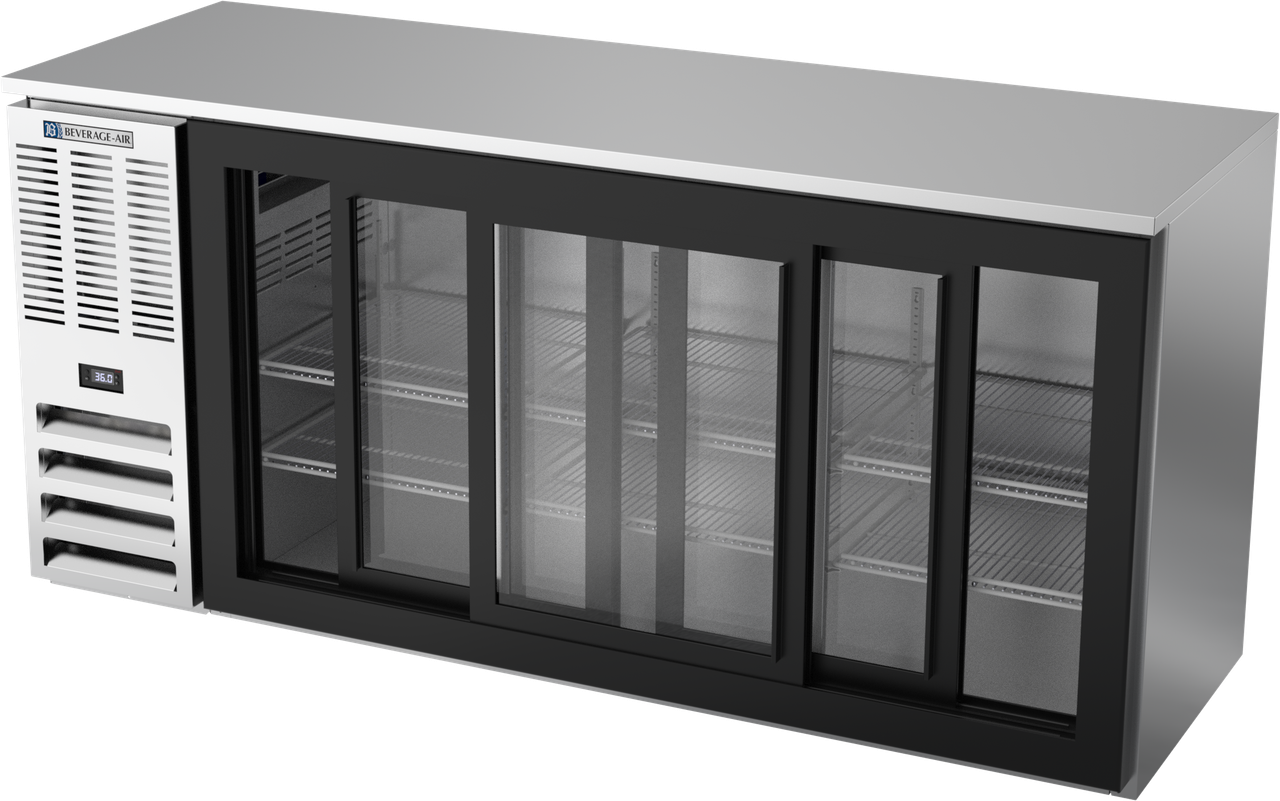 BBN72HC-F-GS-S | 72" Narrow Depth Sliding Glass Doors Food Rated Back Bar in Stainless Steel