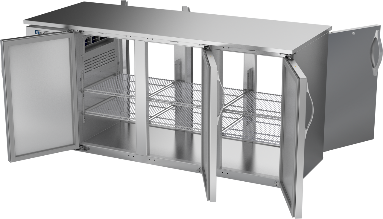 BBN72HC-F-PT-S | 72" Narrow Depth Solid Doors Food Rated Pass-thru Back Bar in Stainless Steel