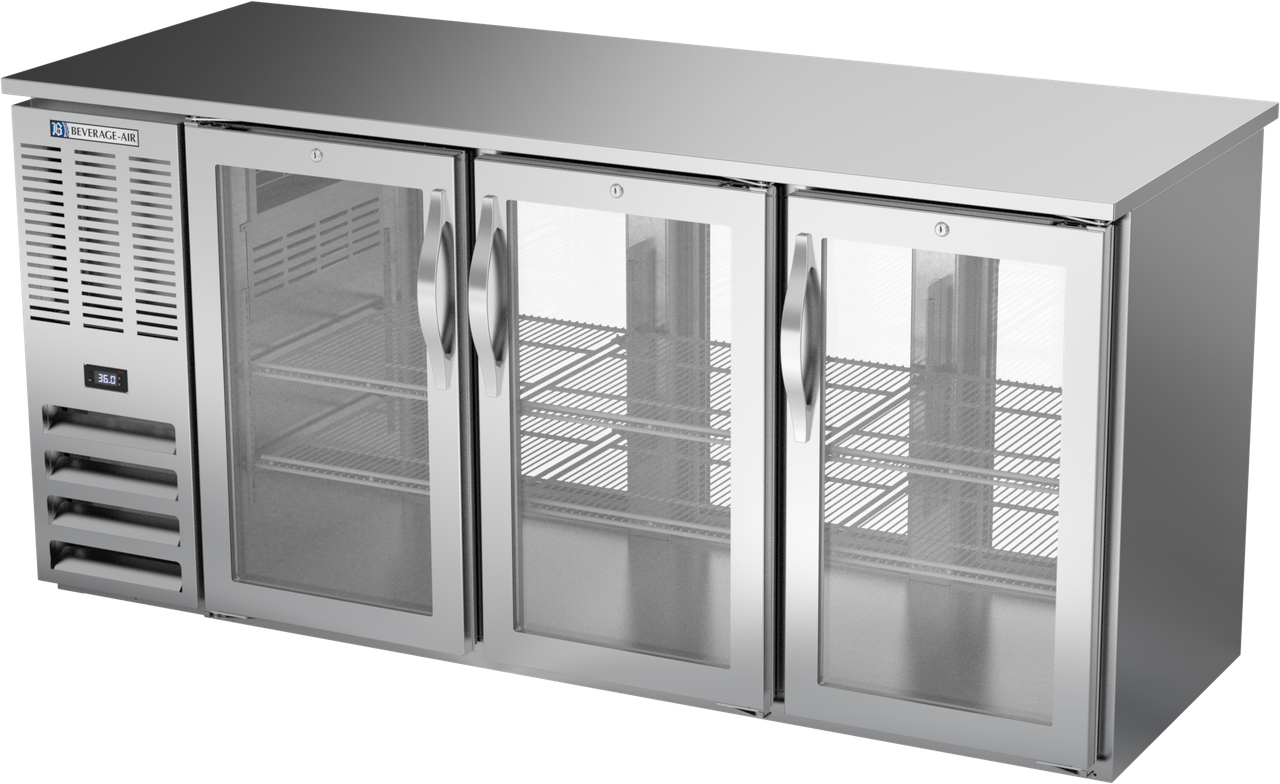 BBN72HC-G-PT-S | 72" Narrow Depth Glass Doors Pass-thru Back Bar in Stainless Steel