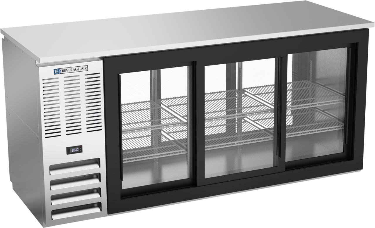 BBN72HC-GS-PT-S | 72" Narrow Depth Sliding Glass Doors Pass-thru Back Bar in Stainless Steel