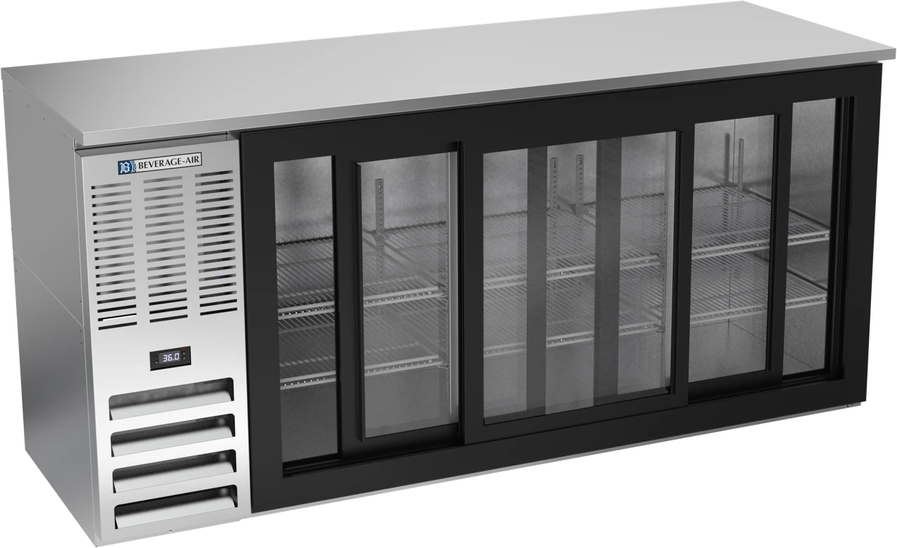 BBN72HC-GS-S | 72" Narrow Depth Sliding Glass Doors Back Bar in Stainless Steel