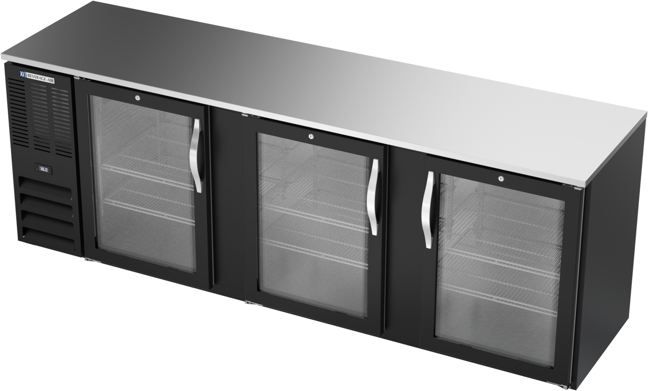 BBN94HC-FG-B | 94" Narrow Depth Glass Doors Food Rated Back Bar in Black BBN94HC-FG-B | 94" Narrow Depth Glass Doors Food Rated Back Bar in Black