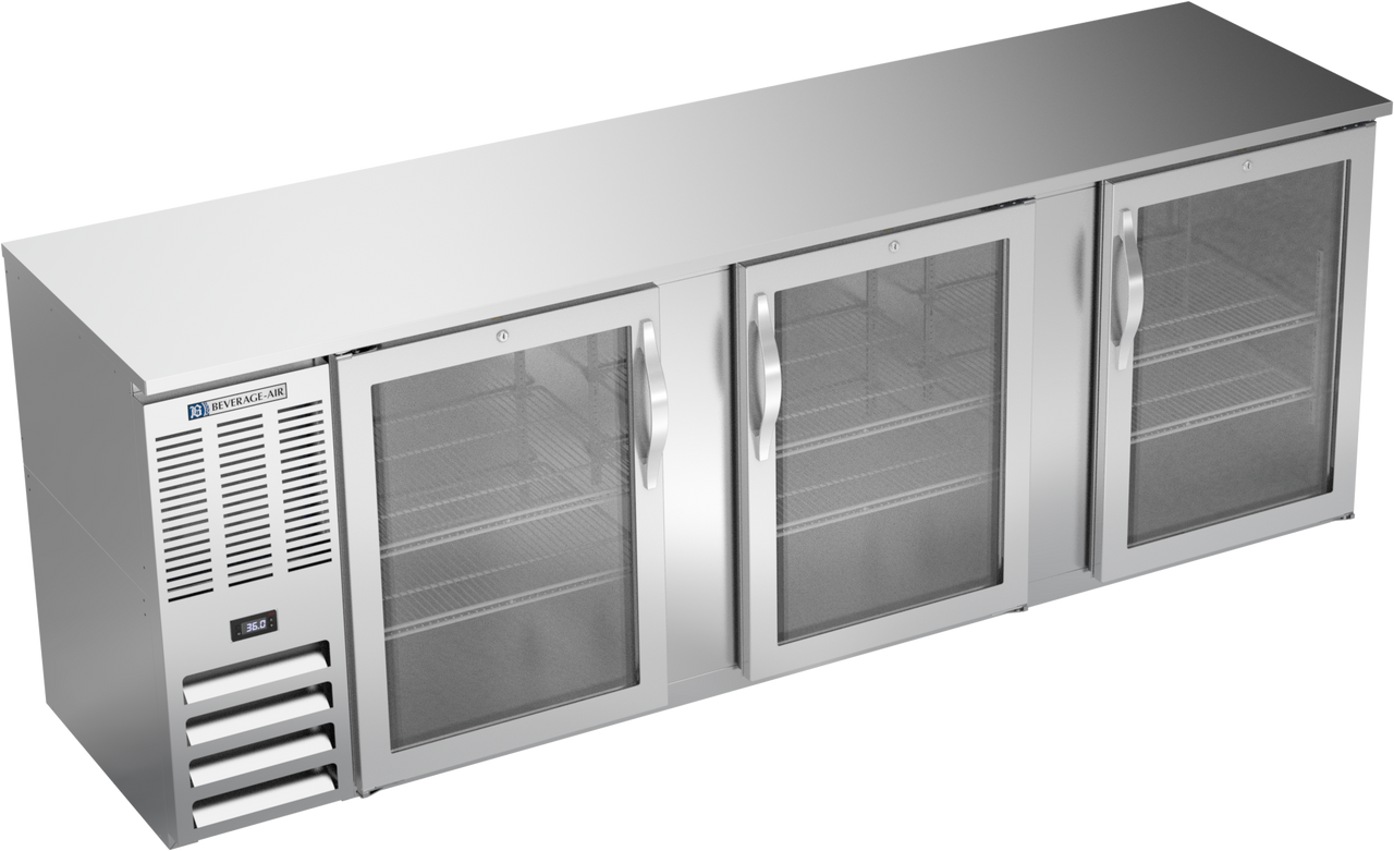 BBN94HC-FG-S | 94" Narrow Depth Glass Doors Food Rated Back Bar in Stainless Steel