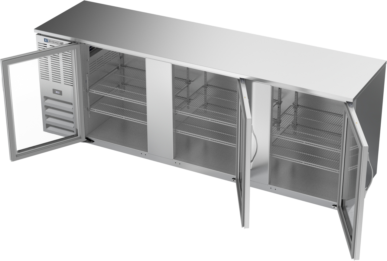BBN94HC-FG-S | 94" Narrow Depth Glass Doors Food Rated Back Bar in Stainless Steel
