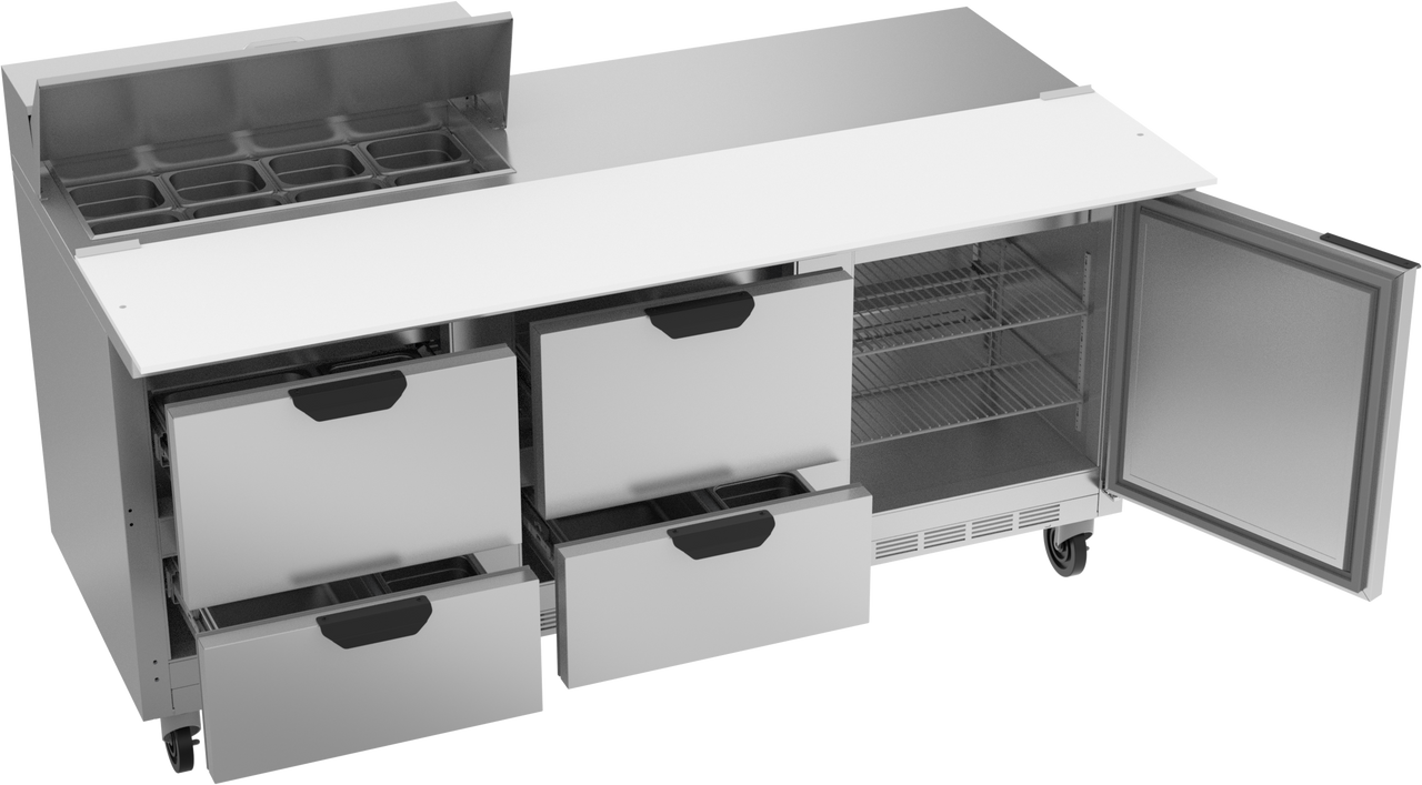 SPED72HC-08C-4 | 72" Sandwich Prep Table Four Drawers One Door with 17" Cutting Board