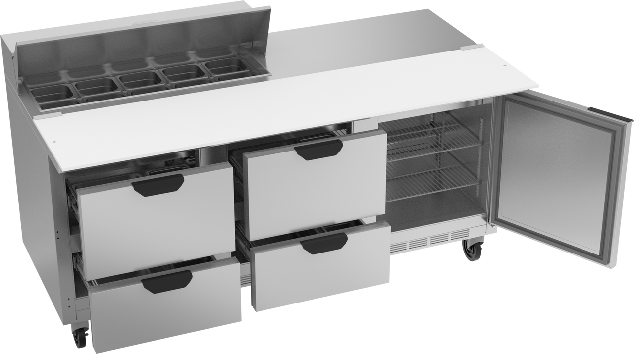 SPED72HC-10C-4 | 72" Sandwich Prep Table Four Drawers One Door with 17" Cutting Board