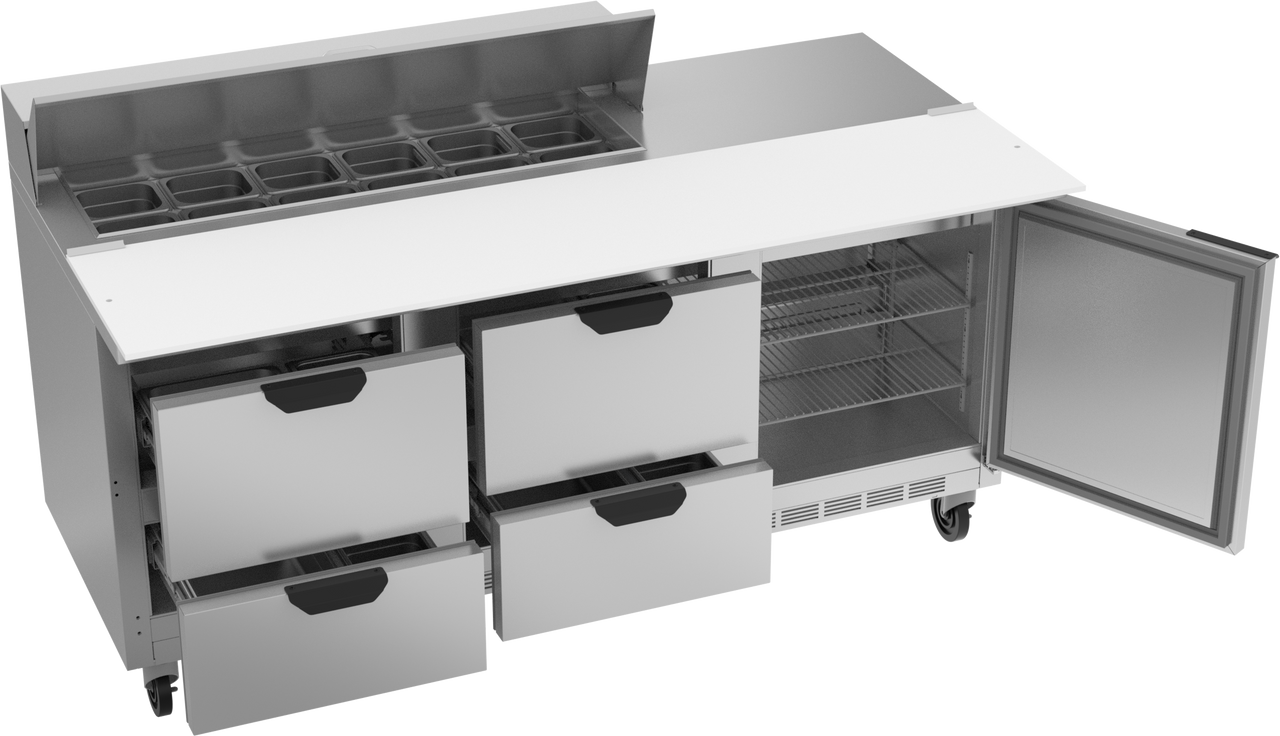 SPED72HC-12C-4 | 72" Sandwich Prep Table Four Drawers One Door with 17" Cutting Board