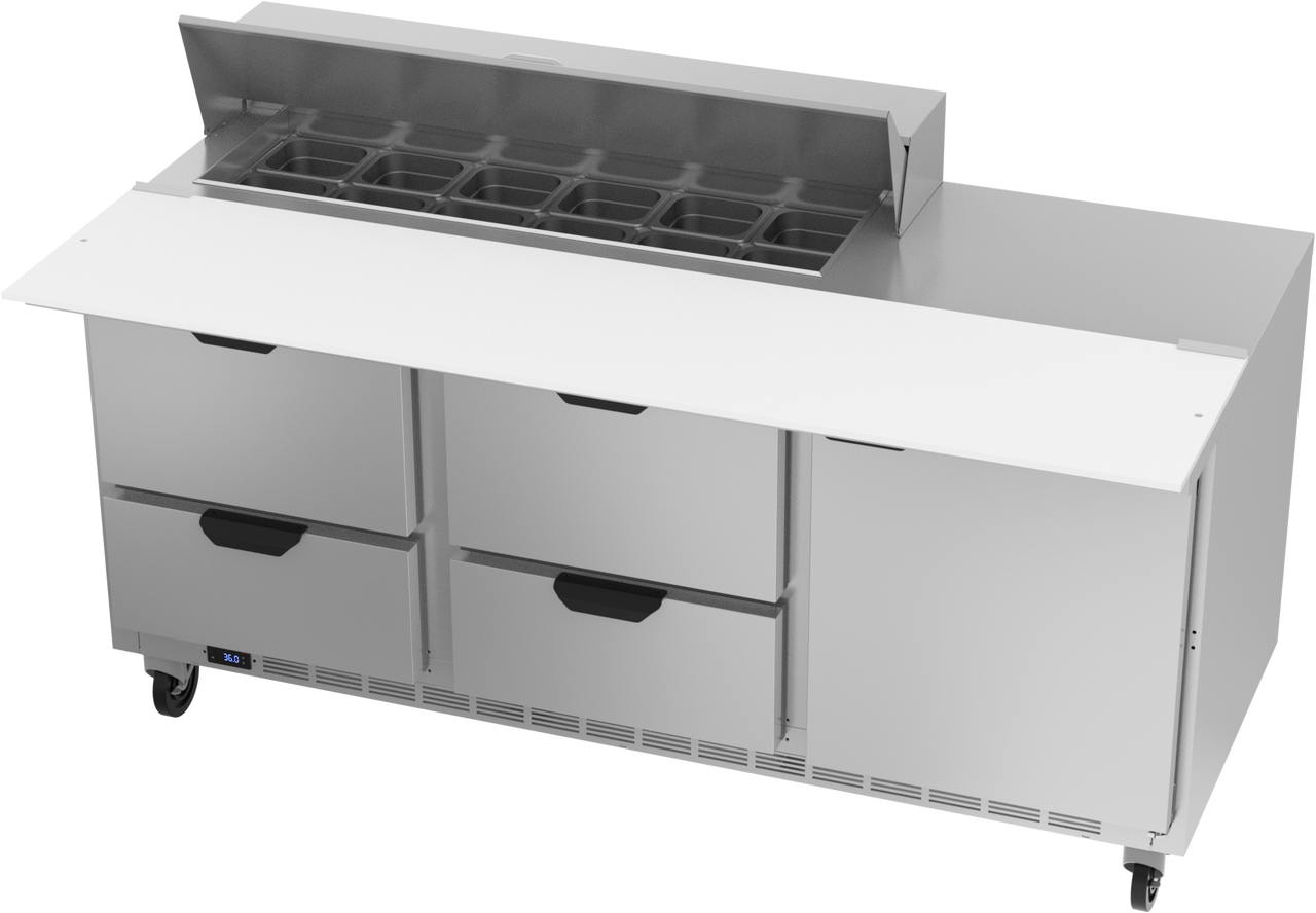 SPED72HC-12C-4 | 72" Sandwich Prep Table Four Drawers One Door with 17" Cutting Board