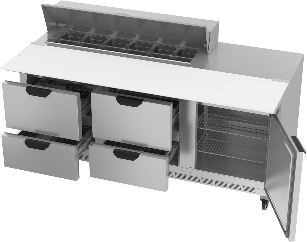 SPED72HC-12C-4 | 72" Sandwich Prep Table Four Drawers One Door with 17" Cutting Board