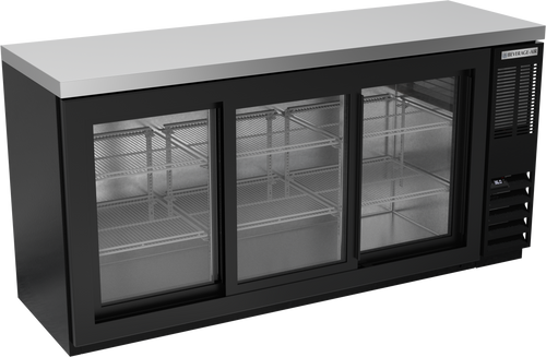 BB72HC-1-F-GS-B-27 | 72" Sliding Glass Doors Food Rated Back Bar in Black with SS Top