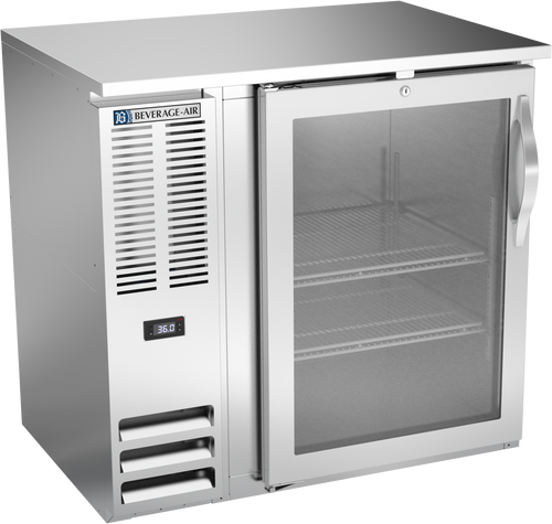 BBN36HC-FG-S | 36" Narrow Depth Glass Door Food Rated Back Bar in Stainless Steel