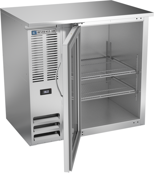 BBN36HC-FG-S | 36" Narrow Depth Glass Door Food Rated Back Bar in Stainless Steel