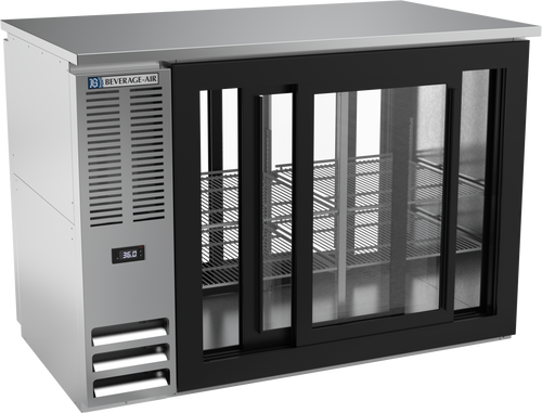 BBN48HC-GS-PT-S | 48" Narrow Depth Sliding Glass Doors Food Rated Pass-thru Back Bar in Stainless Steel