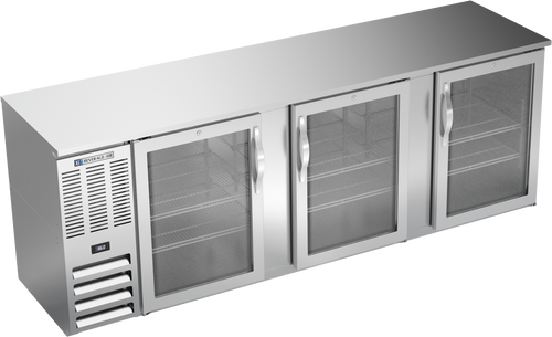 BBN94HC-FG-S | 94" Narrow Depth Glass Doors Food Rated Back Bar in Stainless Steel