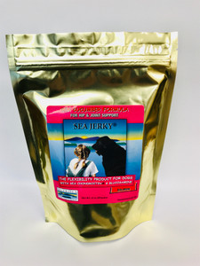 Salmon Sea Jerky is a natural, healthy joint support alternative for dogs of all sizes and ages. Salmon Sea Jerky comes in squares 15oz bag. Salmon Sea Jerky is a natural, healthy joint support alternative for dogs of all sizes and ages. Salmon Sea Jerky comes in squares 15oz bag.