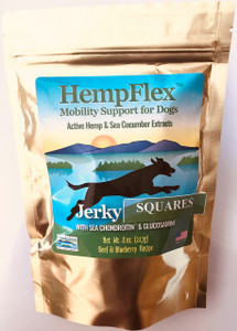 HempFlex Jerky supports older dogs that are starting to slow down from their usual activities. HempFlex Jerky Treats provide nutritional and supplemental support for mobility issues, anxiety and skin & coat problems. 
HempFlex Net Wt. 8oz bag
Give one square for every 40lbs of dogs weight. Square can be given at any time.