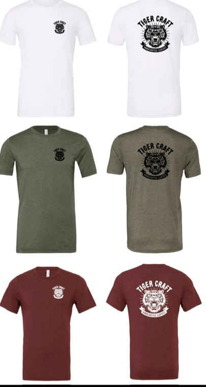 RETRO TEE TRADITIONAL LOGO SMALL ON LEFT CHEST, LARGE ON BACK. SUPER COMFY BLEND OF BELLA CANVAS 50/50.

AVAILABLE IN WHITE, HEATHER MAROON AND OLIVE