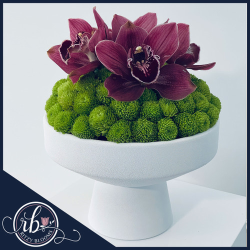 Sophisticated Orchid Bliss floral arrangement by Ritzy Blooms in Fort Lauderdale, featuring burgundy orchids and green button mums in a modern white pedestal vase.