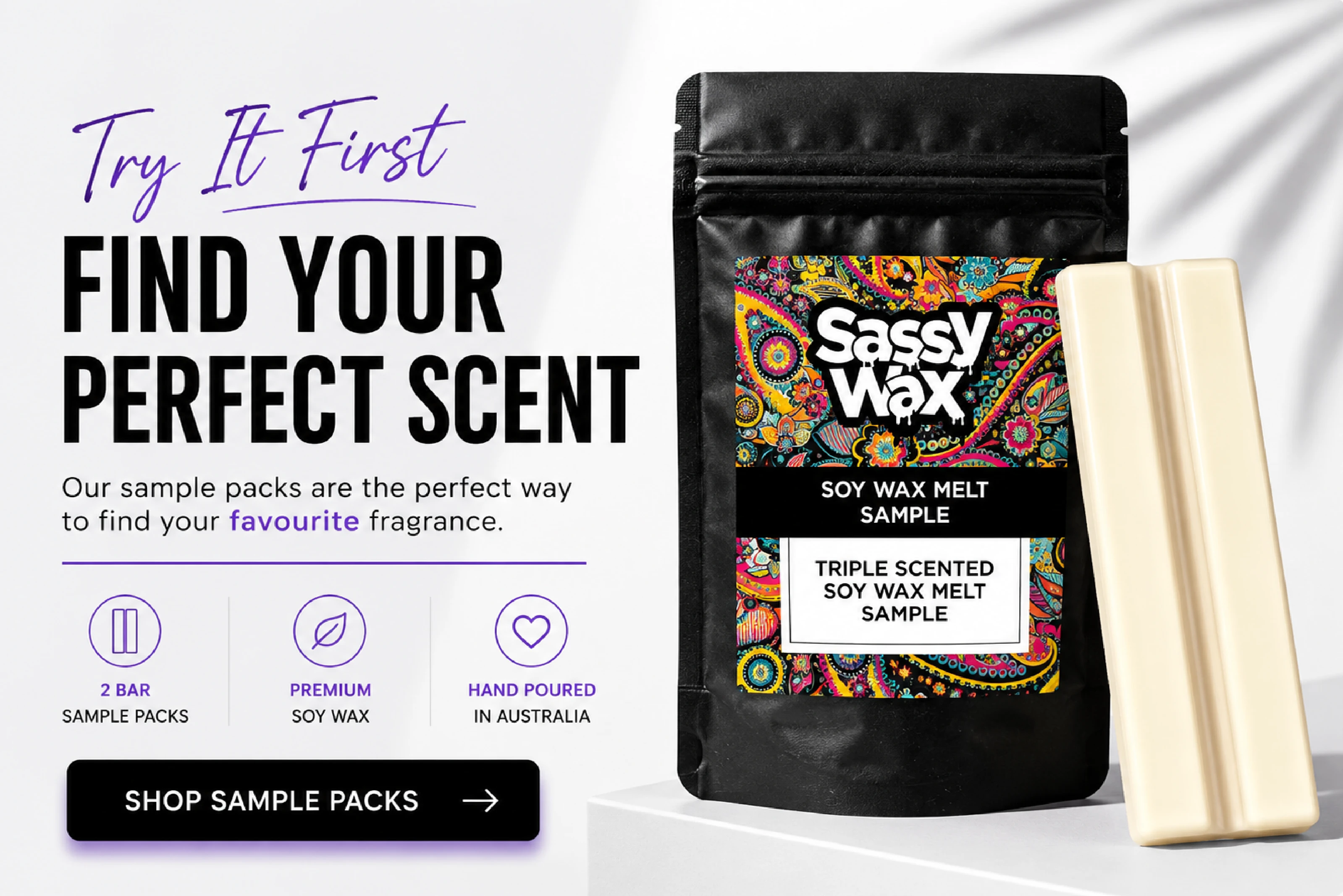 Soy wax melt sample packs with two-bar melts, ideal for testing new fragrances before purchasing full size wax melts.