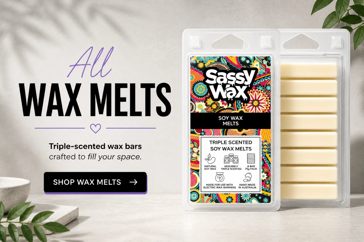 Triple scented soy wax melts in clamshell packaging for strong, long-lasting home fragrance.