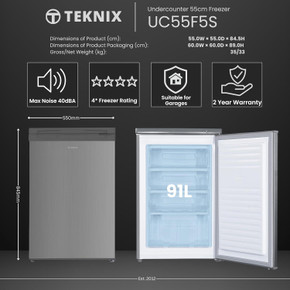 Teknix UC55F5S 55cm Wide 91L Under Counter Freezer - Silver