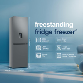 Fridgemaster MC55251DES 55cm Freestanding 256 Litre 50/50 Frost Free Fridge Freezer with Non-Plumbed Water Dispenser - Silver