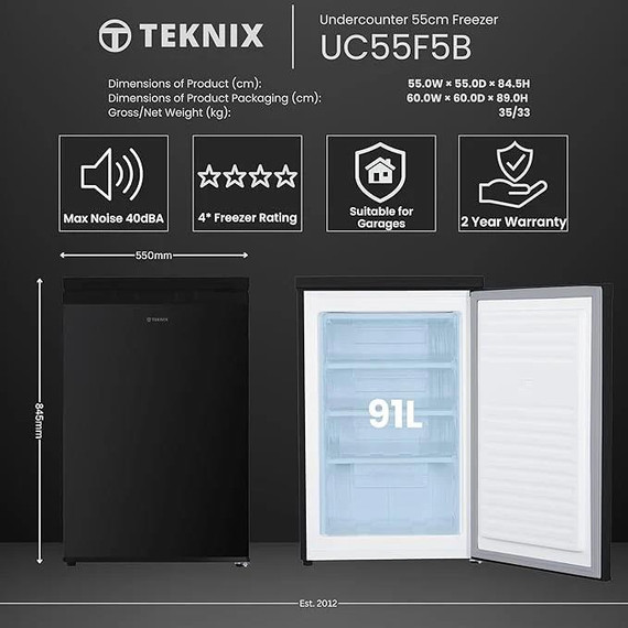 Teknix UC55F5B 55cm Wide 91L Under Counter Freezer - Black