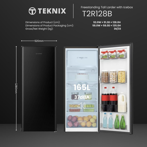 Teknix T2R128B 165L Icebox Fridge - Black