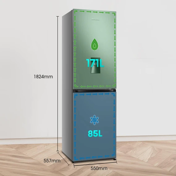 Fridgemaster MC55251DES 55cm Freestanding 256 Litre 50/50 Frost Free Fridge Freezer with Non-Plumbed Water Dispenser - Silver