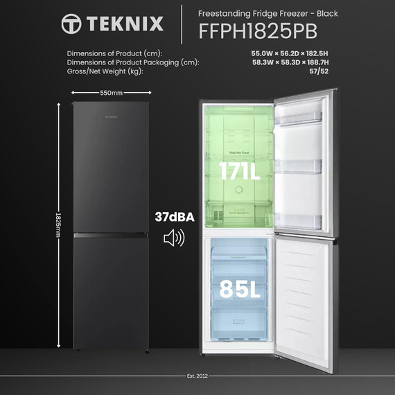 Teknix FFPH1825PB 55cm Freestanding 50/50 Frost Free Fridge Freezer - Black