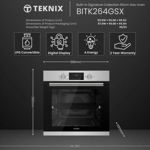 Teknix BITK263GSX 63L Single Gas Oven - Stainless Steel