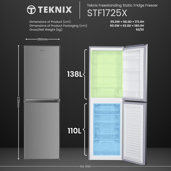 Teknix STF1725X 55cm 50/50 Static Fridge Freezer - Inox