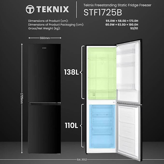 Teknix STF1725B 55cm 50/50 Static Fridge Freezer - Black