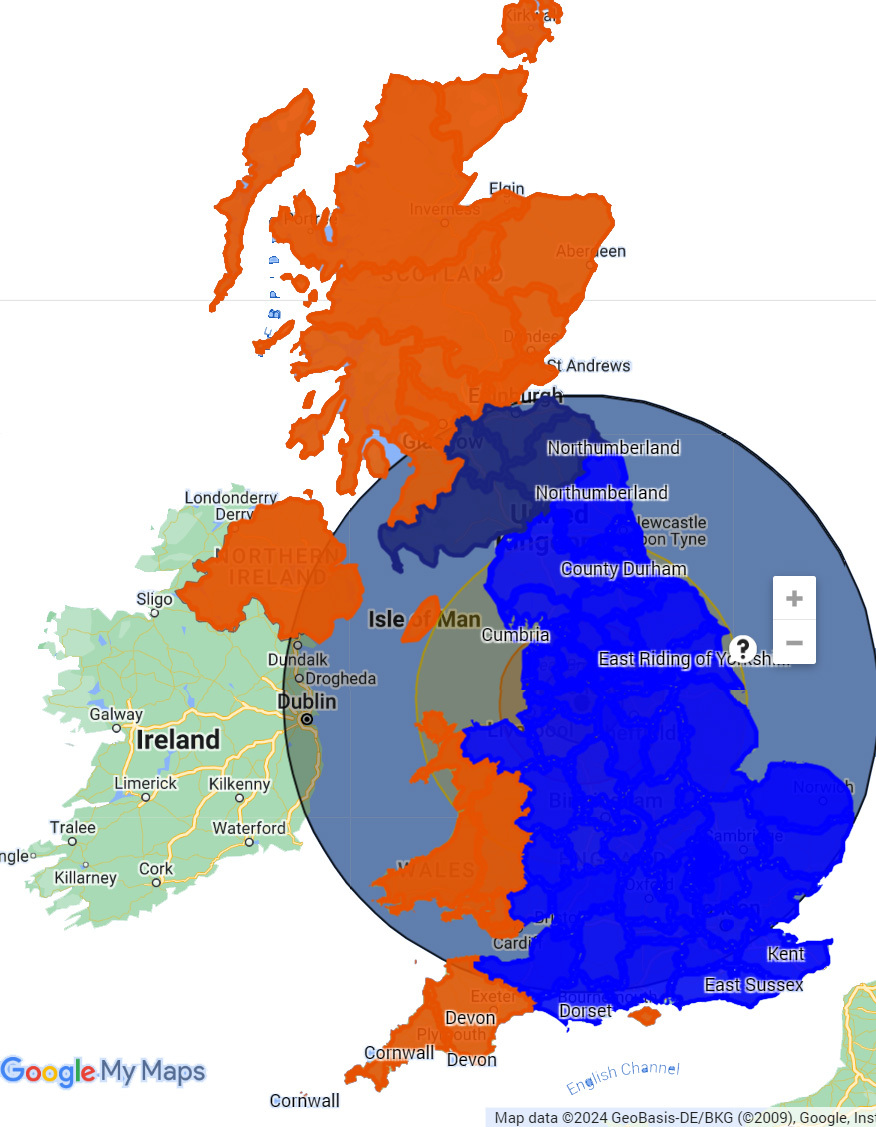Delivery Area Map - Red Areas Are Non-Delivery Zones