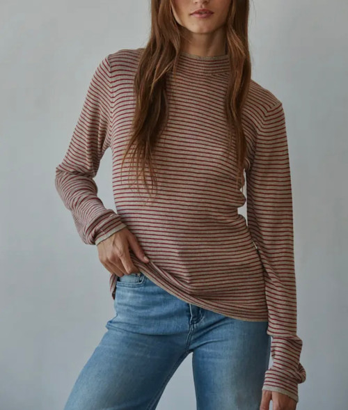 striped mock neck sweater - taupe red