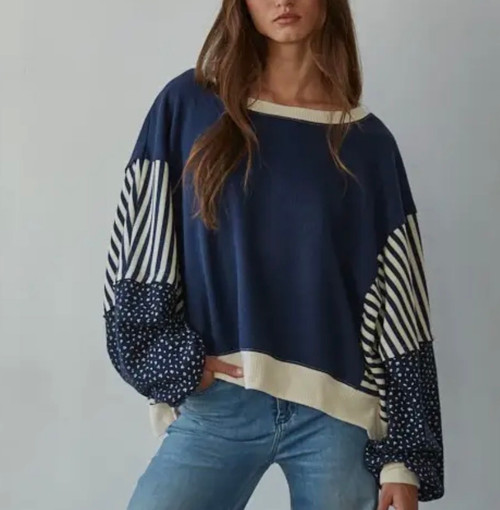 Knit Floral Striped Crew