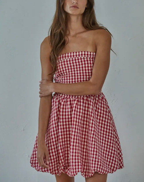 Gingham Strapless Mini Dress-red
