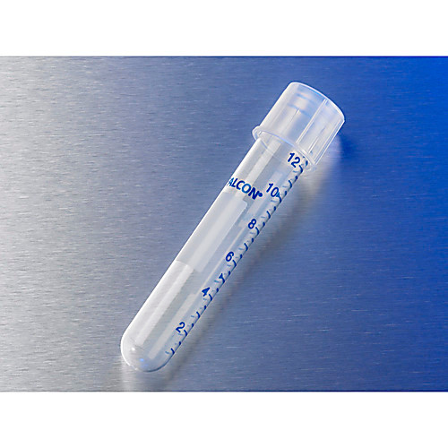 falcon 14ml round bottom high clarity pp test tube, graduated, with snap cap, sterile, 25/pack, 500/case