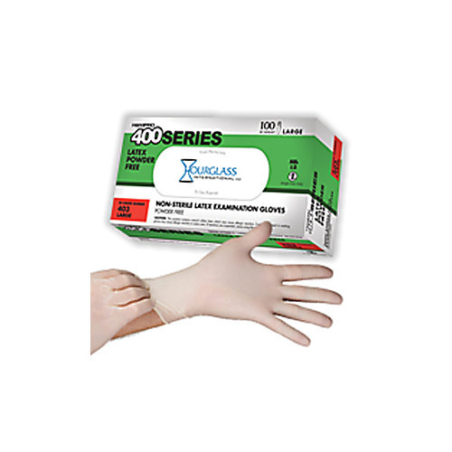 hourglass handpro 400 latex medical grade exam gloves, powder free, 240mm or 9inch, natural color, textured, 100 per box, 10 boxes per case. size small