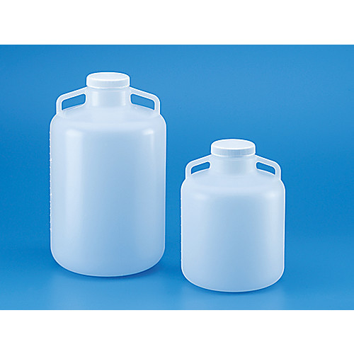 10l natural ldpe carboy with wide shoulder handles; 100mm opening and white pp ct closure; molded in graduations