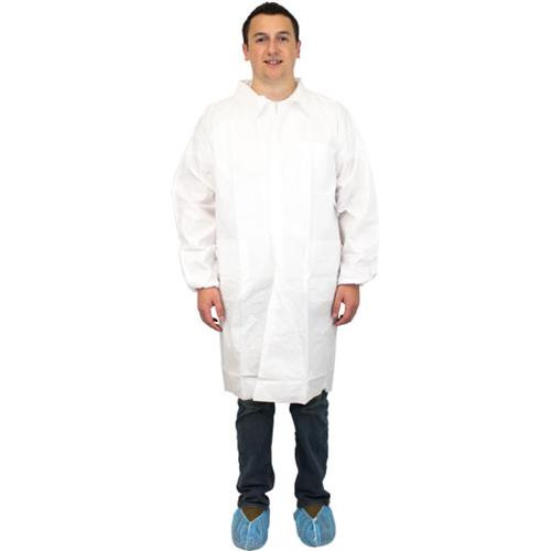 white 50 gram sms polypropylene lab coat, knit wrist, collar (c08-0593-195)