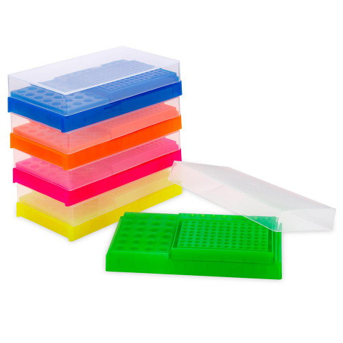 pcr work racks with lids holds 32 x 0 2ml pcr tubes 16 x 0 5ml pcr tubes 24 x 1 5 2 0ml microcentrifuge tubes five 5 racks per pack